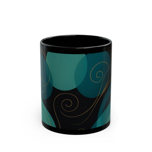 Emerald Wave3-Soulful Collection- Black Coffee Mug — 11oz/15oz Abstract Teal Swirl Ceramic