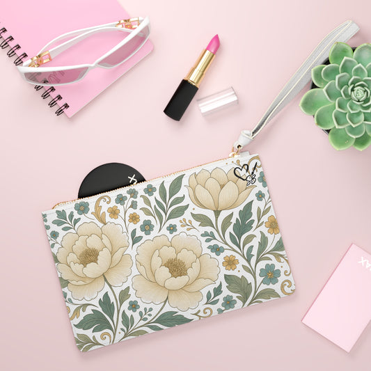 Floral Peony Clutch Bag — Vintage Cream & Sage Wristlet