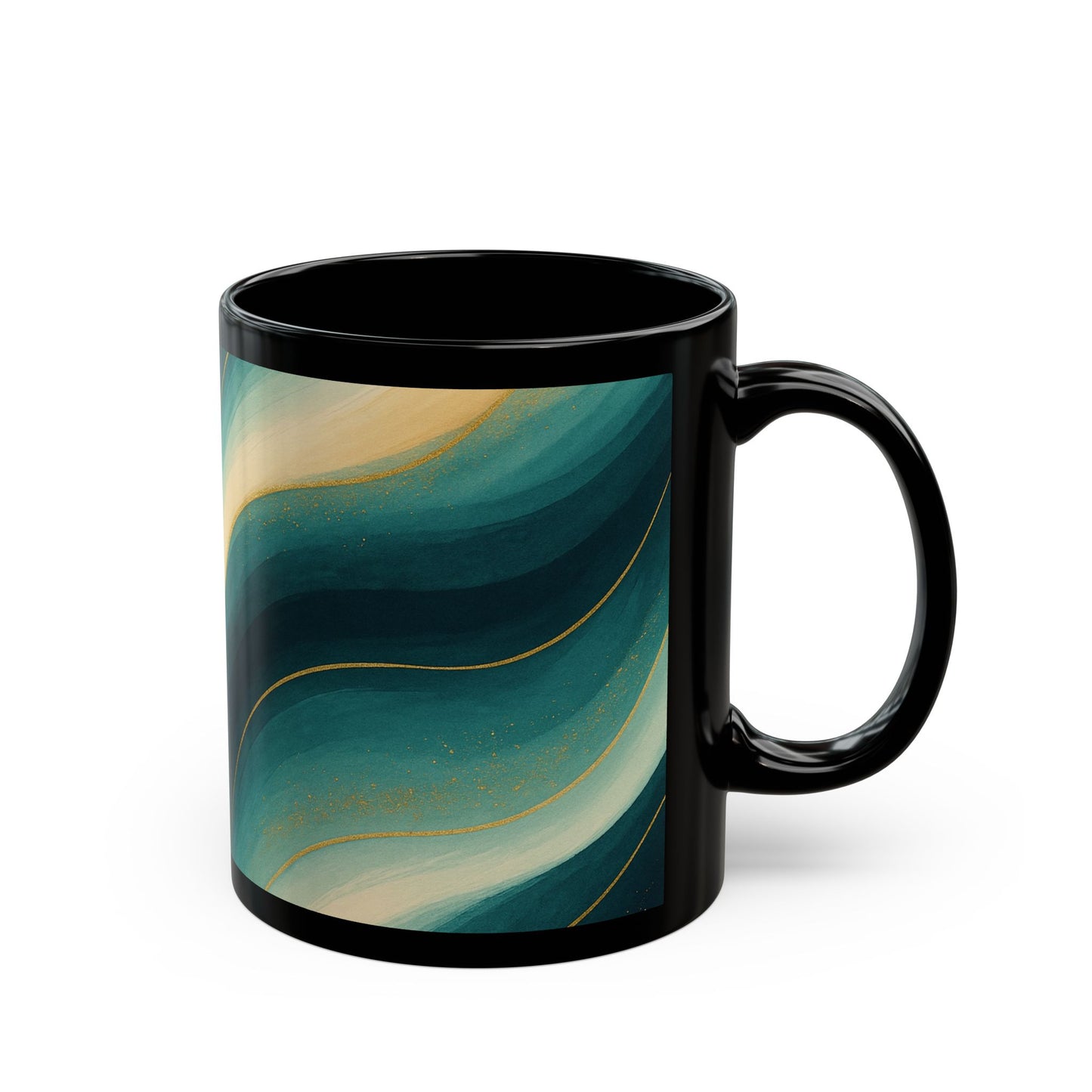 Teal & Gold Abstract Swirl Black Coffee Mug- Soulful Collection (11oz, 15oz)