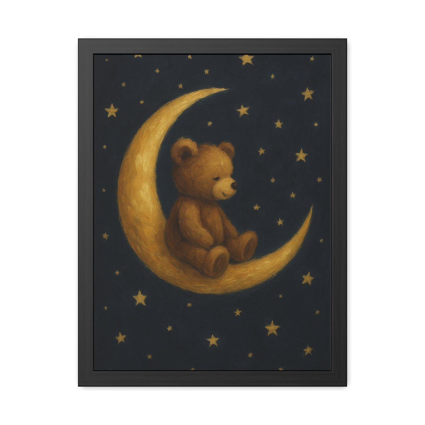 To the Moon and Back – Teddy on Crescent Moon Nursery Framed Poster | Celestial Dreams Wall Art