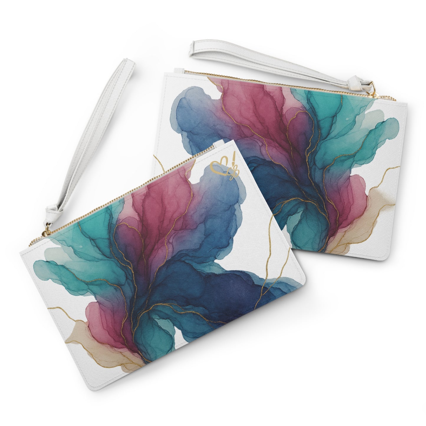 Floral Ink Clutch Bag — Abstract Teal & Magenta Watercolor Wristlet with Gold Veins