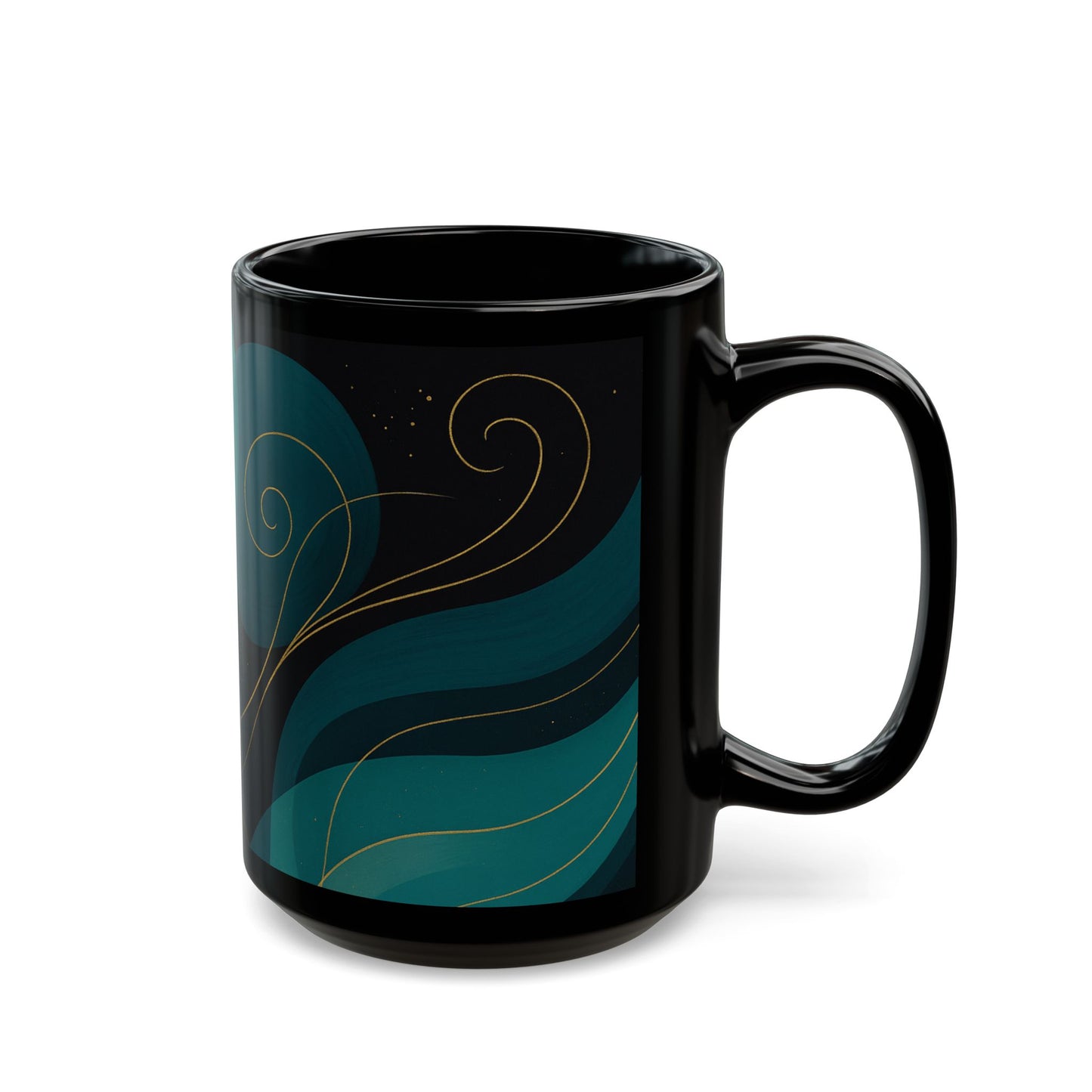 Emerald Wave3-Soulful Collection- Black Coffee Mug — 11oz/15oz Abstract Teal Swirl Ceramic