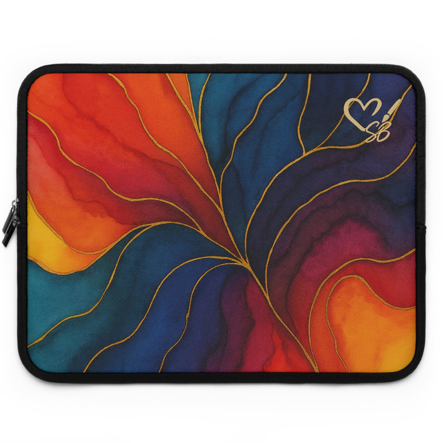 Abstract Sunset Swirl Laptop Sleeve — Colorful Watercolor Design with Gold Line Accent