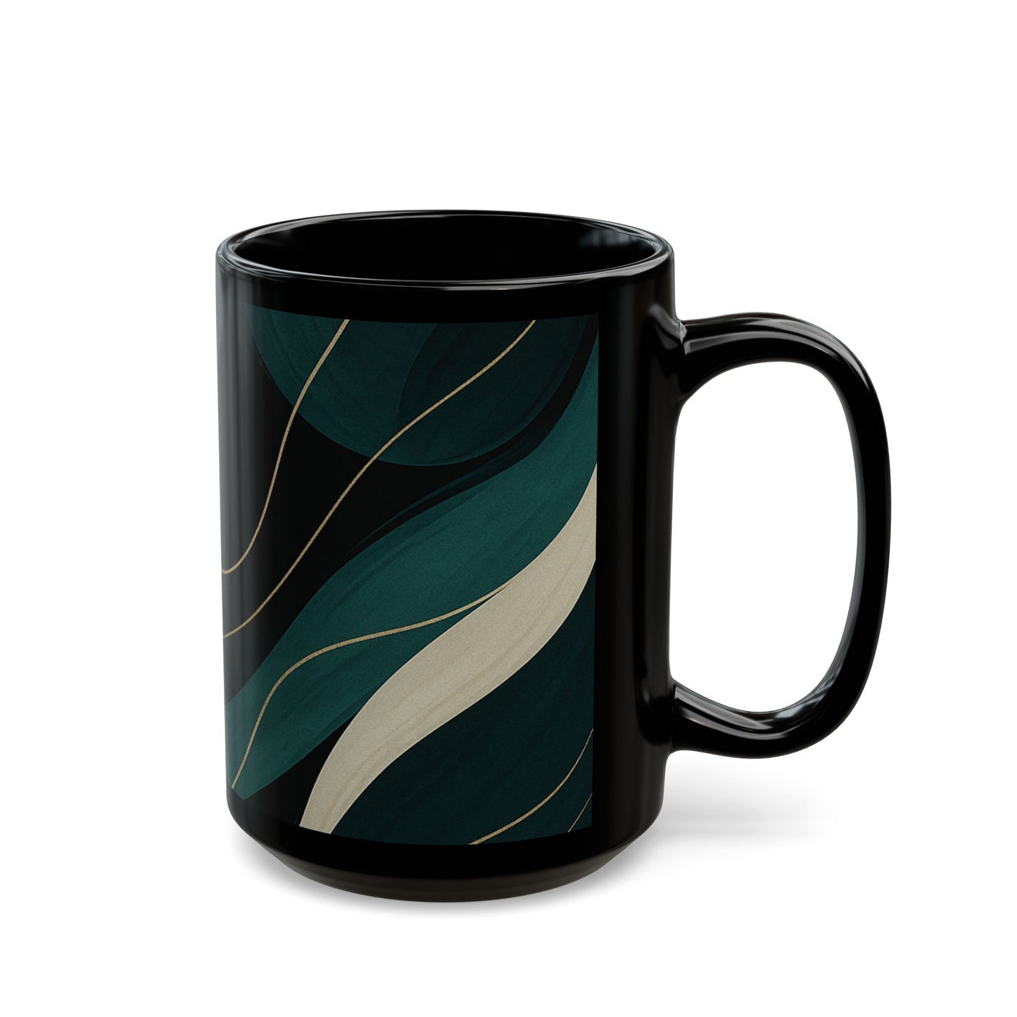 Abstract Teal Wave Black Mug -Soulful Collection— Modern Swirl Coffee Cup (11oz/15oz)