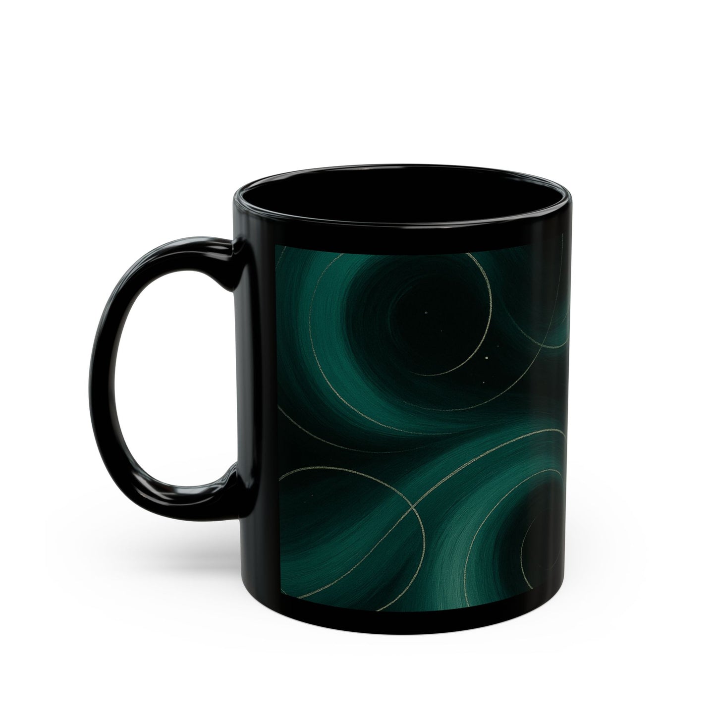 Emerald Wave 2-Soulful Collection- Black Coffee Mug — 11oz/15oz Abstract Teal Swirl Ceramic