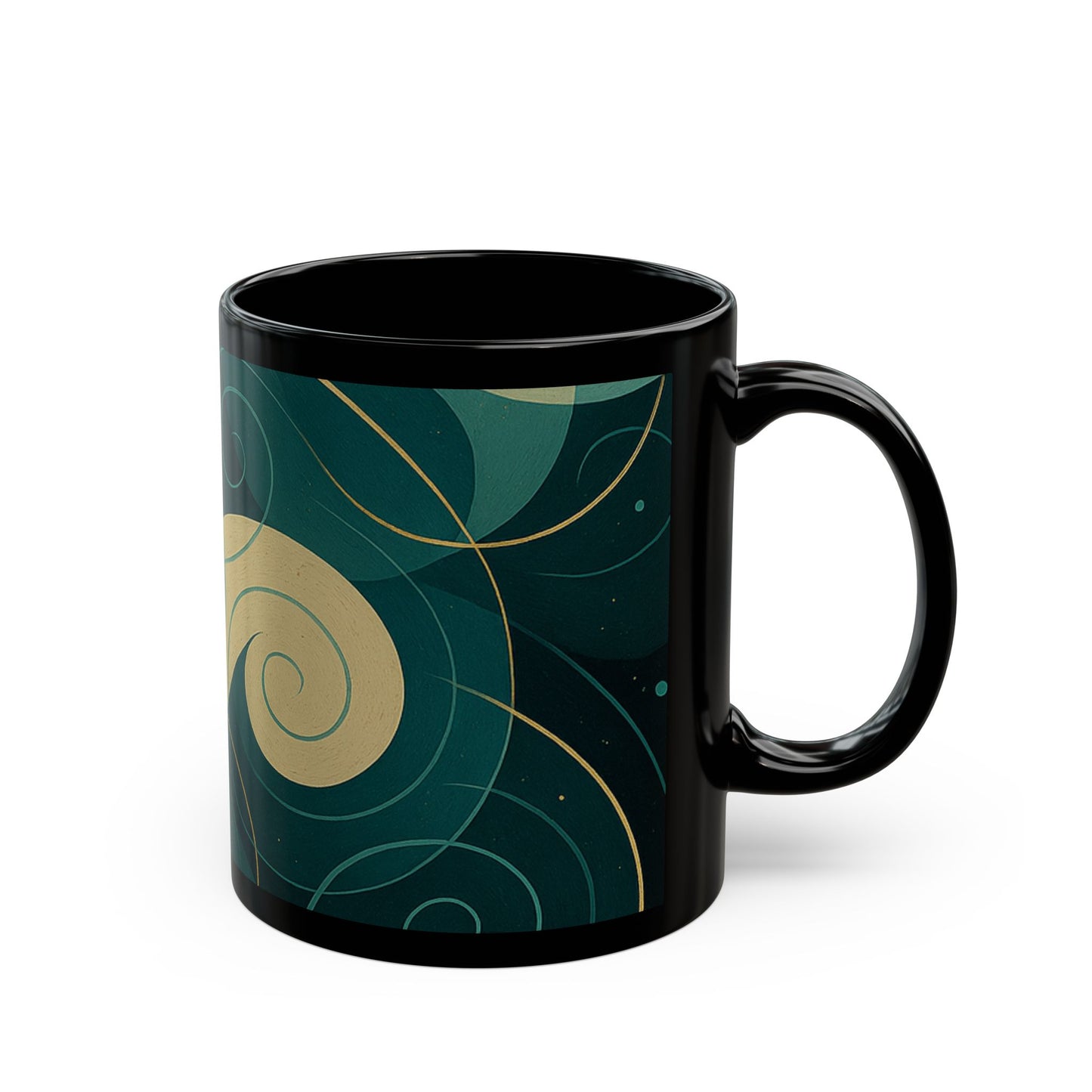 Emerald Wave-Soulful Collection- Black Coffee Mug — 11oz/15oz Abstract Teal Swirl Ceramic