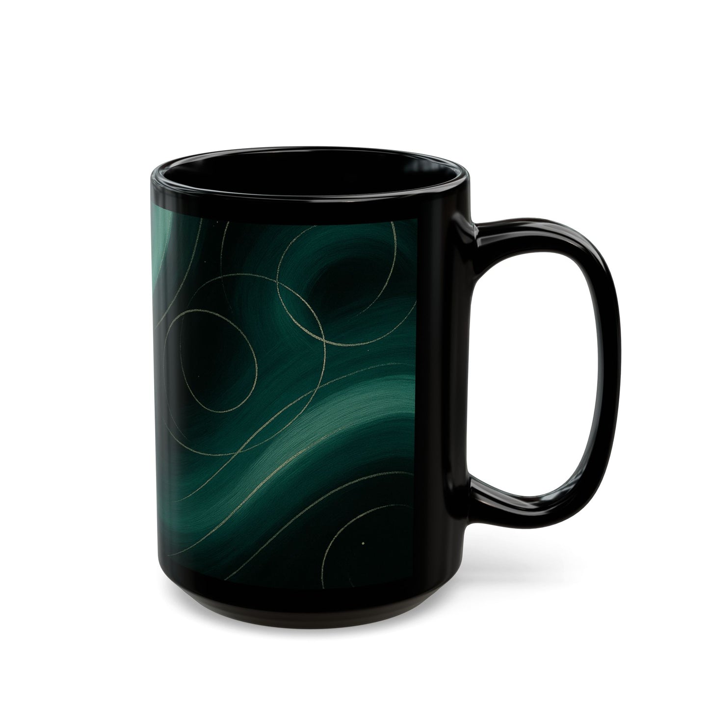 Emerald Wave 2-Soulful Collection- Black Coffee Mug — 11oz/15oz Abstract Teal Swirl Ceramic