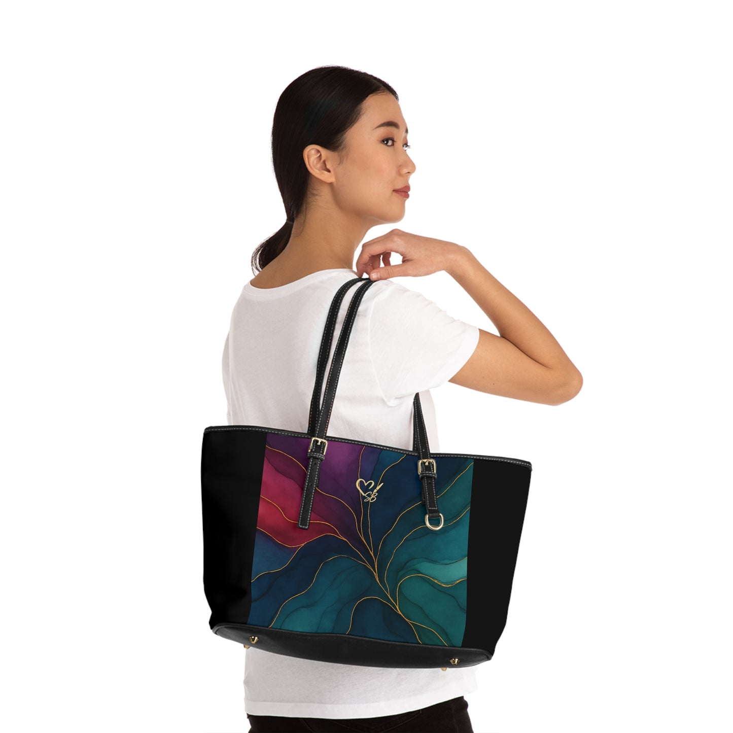 Tyler-2025 Artisan Luxe Collection-panel PU Shoulder Bag — Teal & Burgundy Tote with Gold Vein Accent