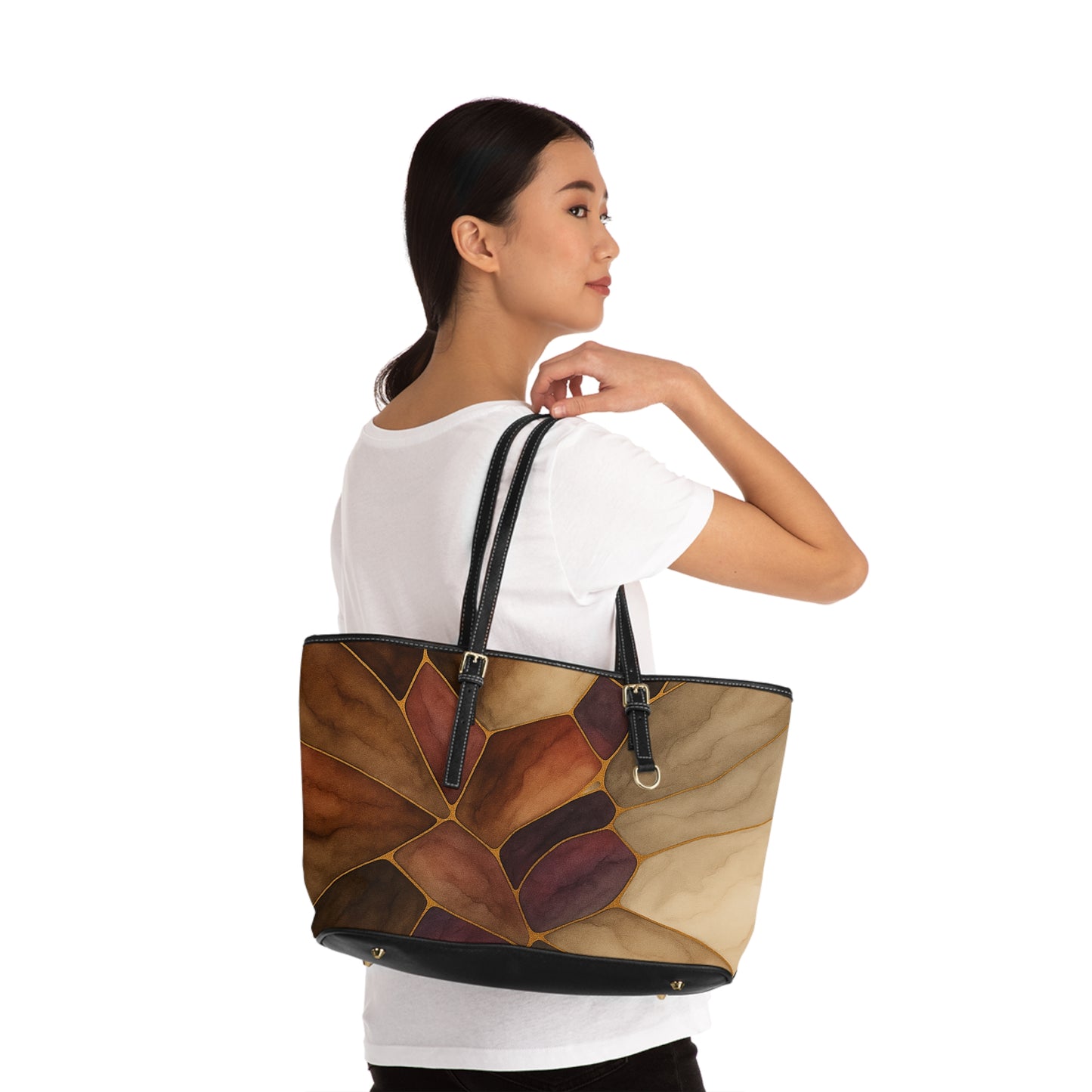 Autumn-2025 Artisan Luxe Collection- PU Leather Shoulder Bag — Warm Brown Stained-Glass Tote