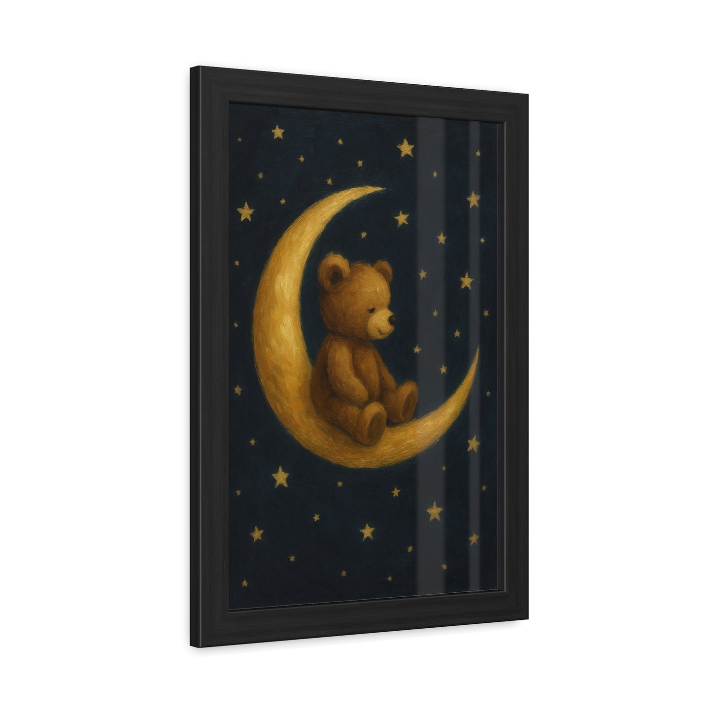 To the Moon and Back – Teddy on Crescent Moon Nursery Framed Poster | Celestial Dreams Wall Art
