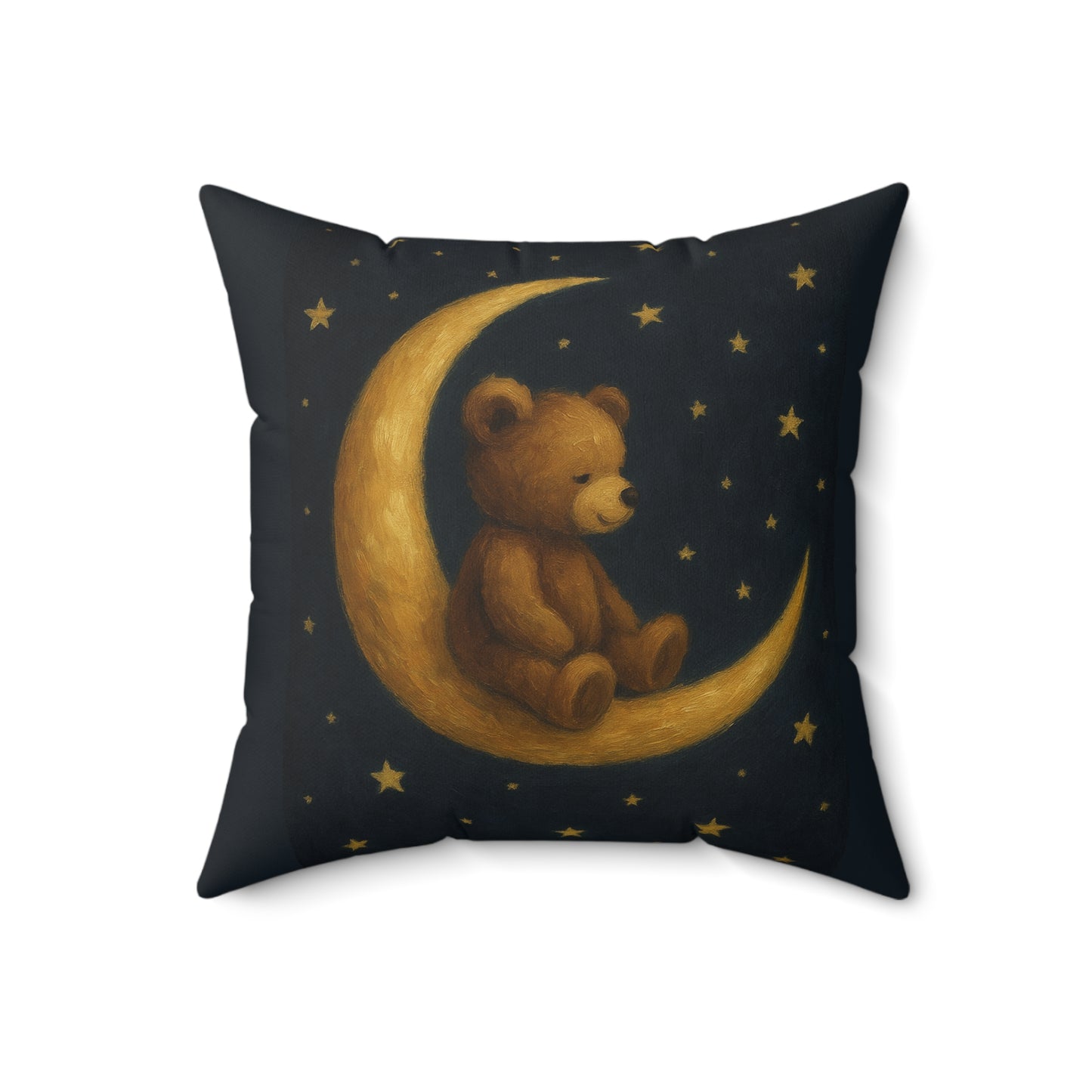 To the Moon-Teddy on Moon Faux Suede Pillow — Nursery Night Sky Decorative Throw Pillow
