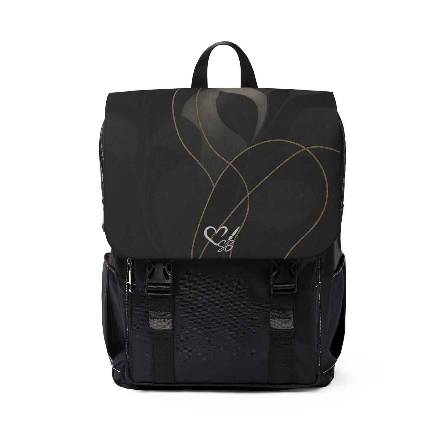 Shirley-Artisan Luxe collection- Backpack — Black Minimalist Shoulder Bag with Gold Heart Accent