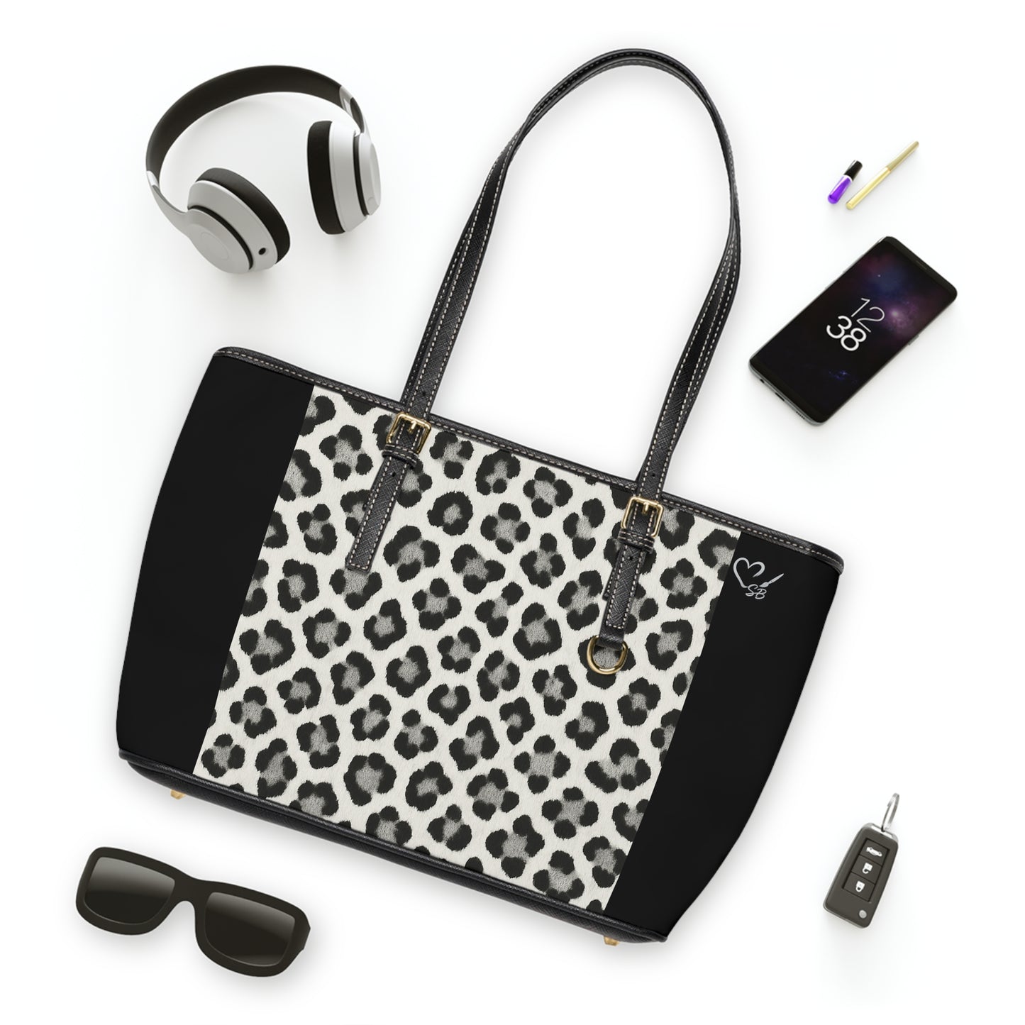 Snow Leopard and Black -PU Leather Shoulder Bag