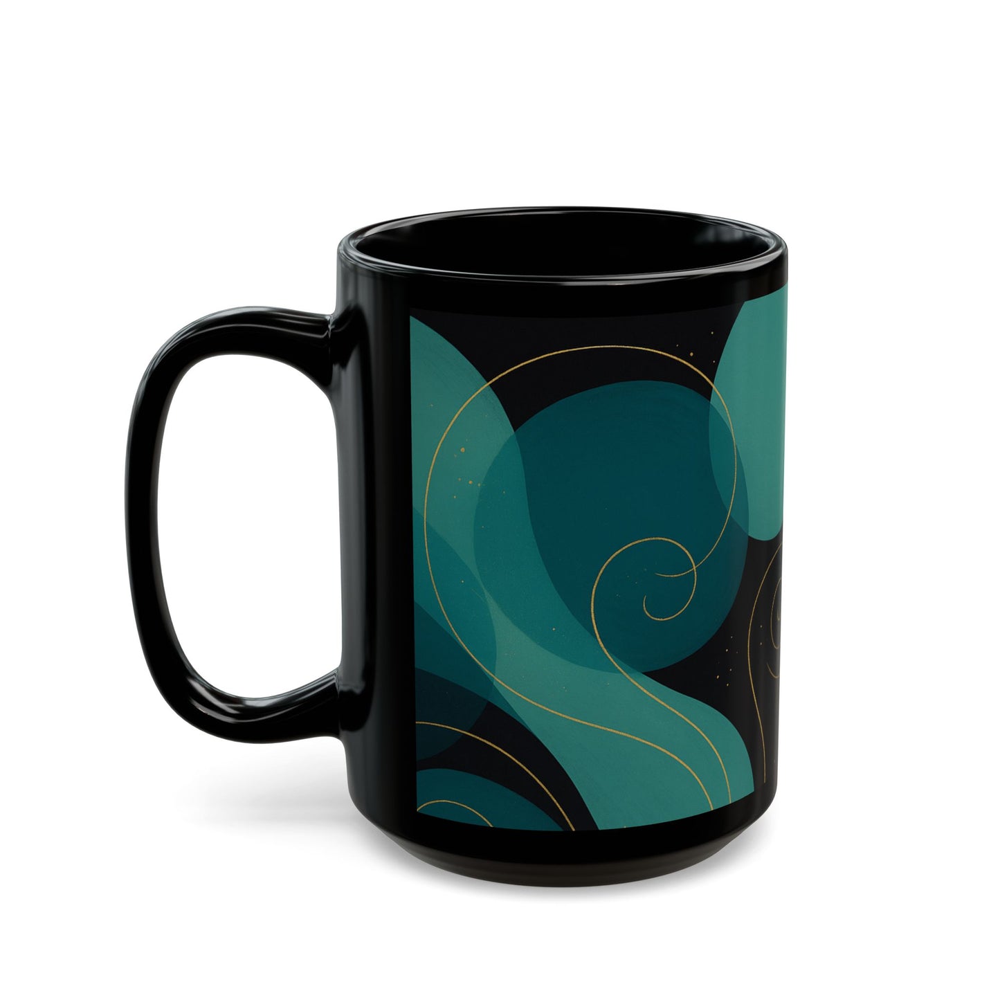 Emerald Wave3-Soulful Collection- Black Coffee Mug — 11oz/15oz Abstract Teal Swirl Ceramic