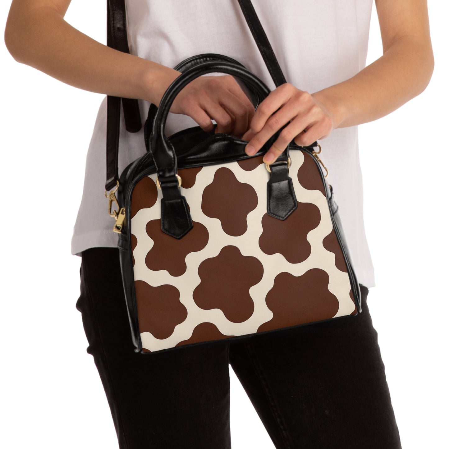 Cow Print Shoulder Handbag — Brown Retro Cowhide Pattern Tote