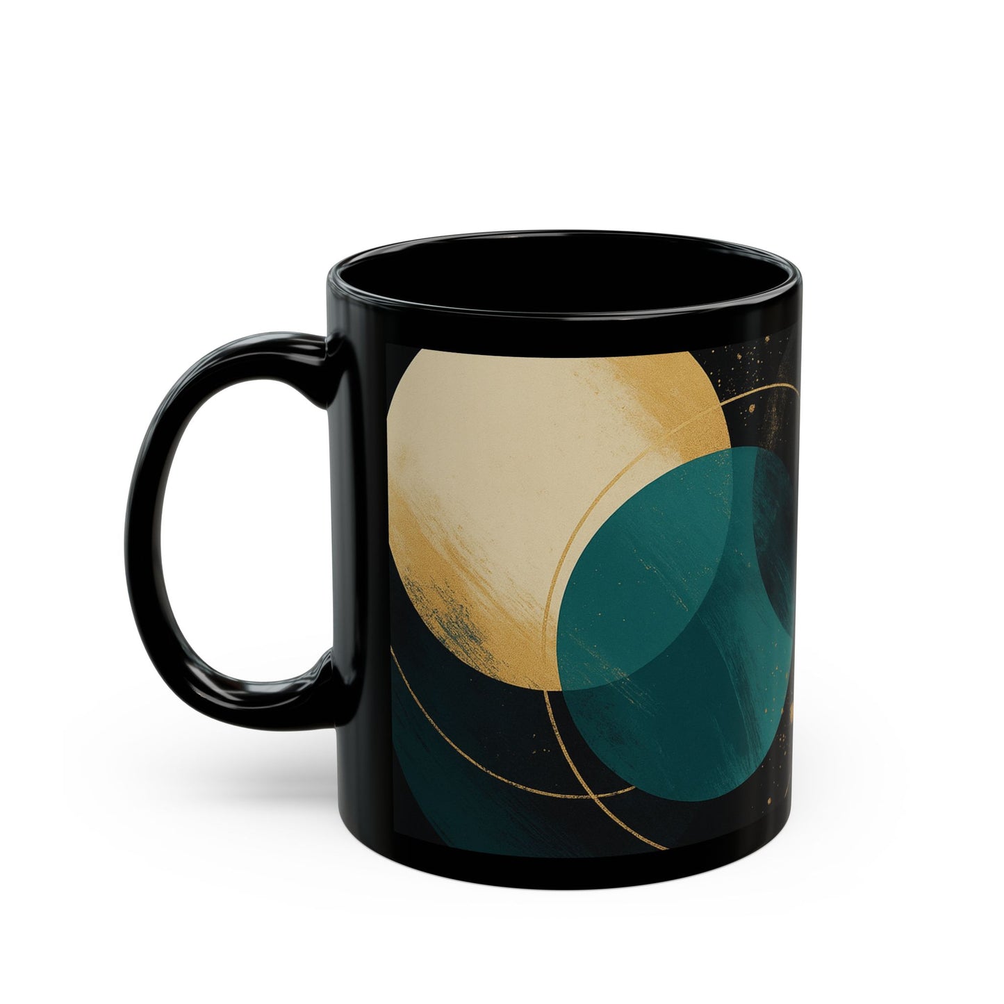 Abstract 1 -Soulful Collection-Teal & Gold Orb Black Coffee Mug — Modern Geometric Ceramic Cup (11oz/15oz)