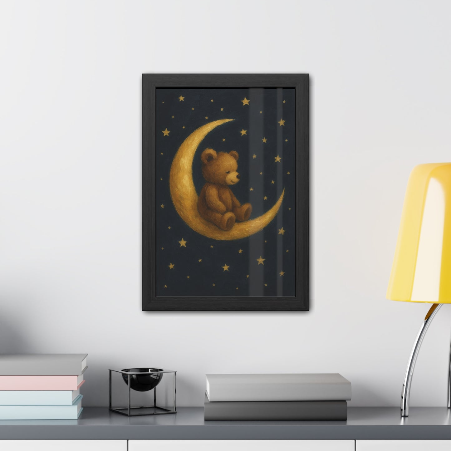 To the Moon and Back – Teddy on Crescent Moon Nursery Framed Poster | Celestial Dreams Wall Art