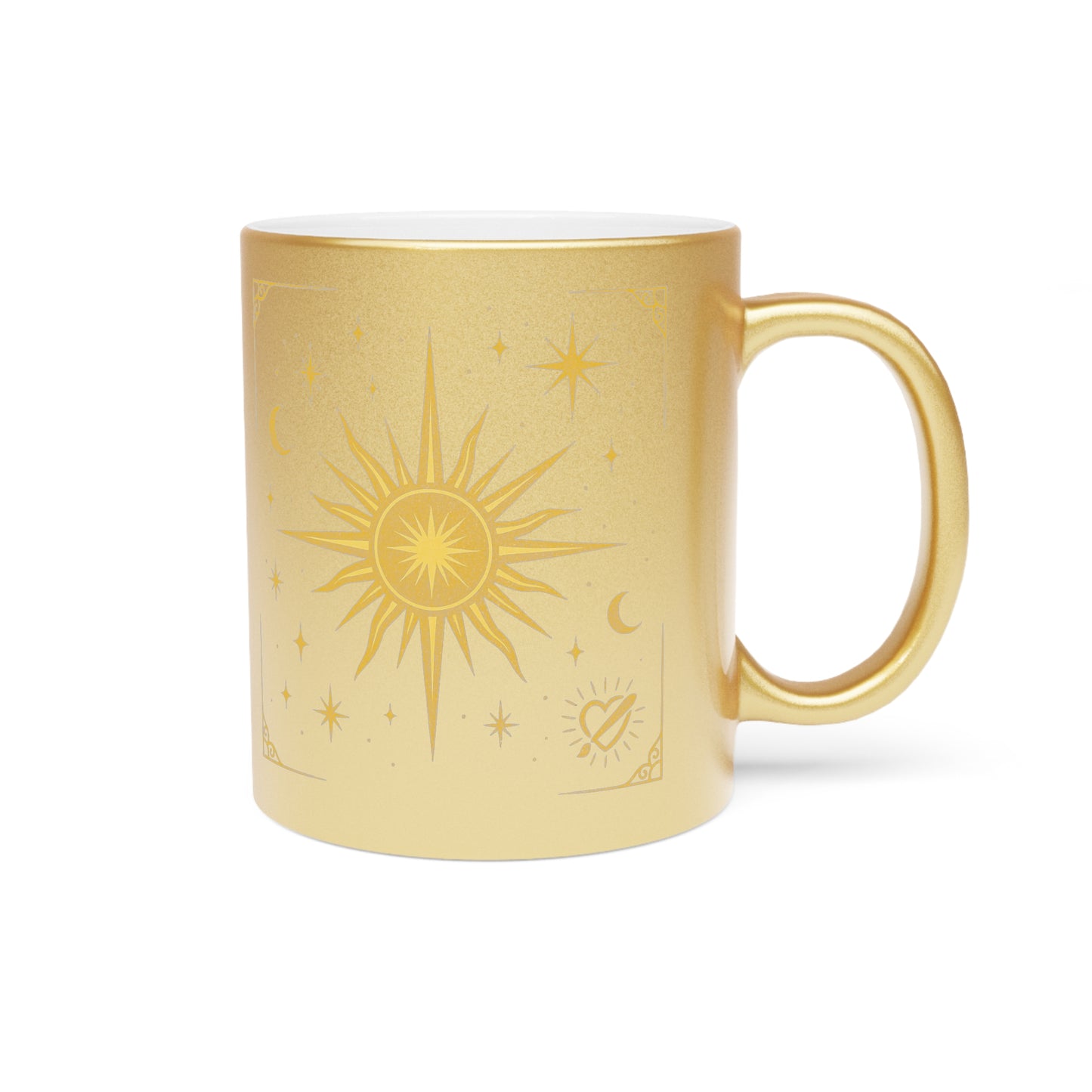 Gold Celestial Sun Metallic Mug — Silver/Gold Cosmic Coffee Cup