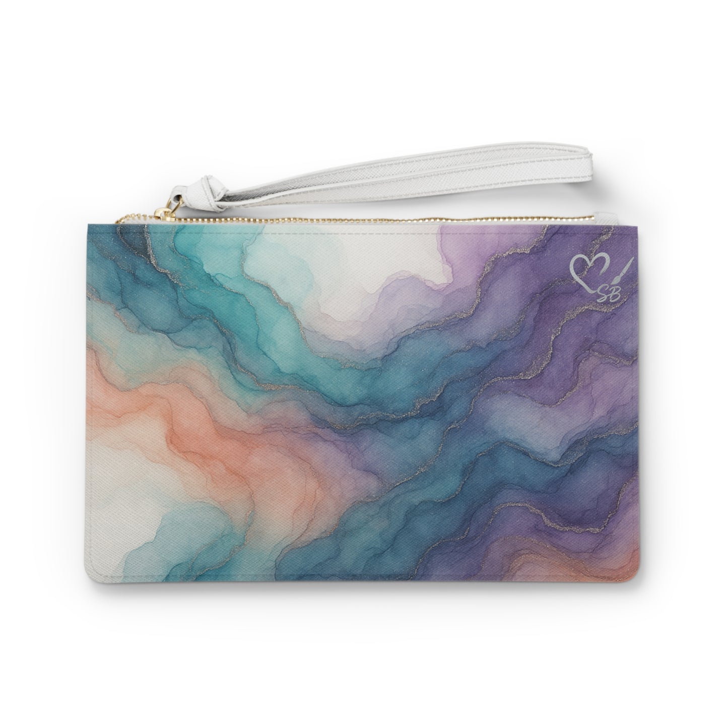 Millie -Abstract Watercolor Clutch Bag — Teal, Purple & Coral Marble Wristlet