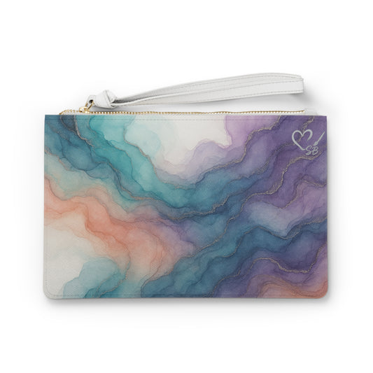 Millie -Abstract Watercolor Clutch Bag — Teal, Purple & Coral Marble Wristlet