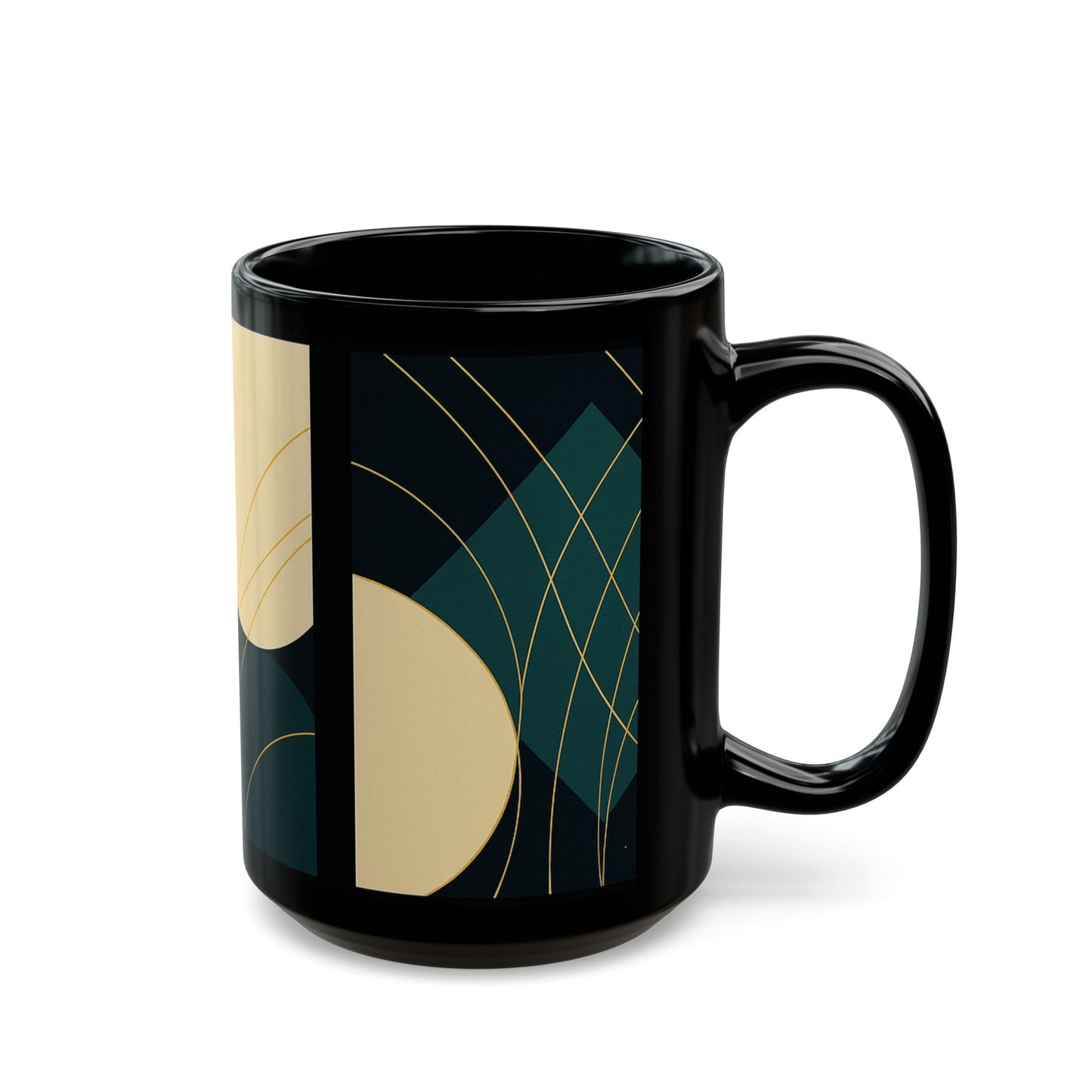 Modern Geometric Black Coffee Mug-Soulful Collection — Abstract Teal & Gold Minimalist Design (11oz/15oz)