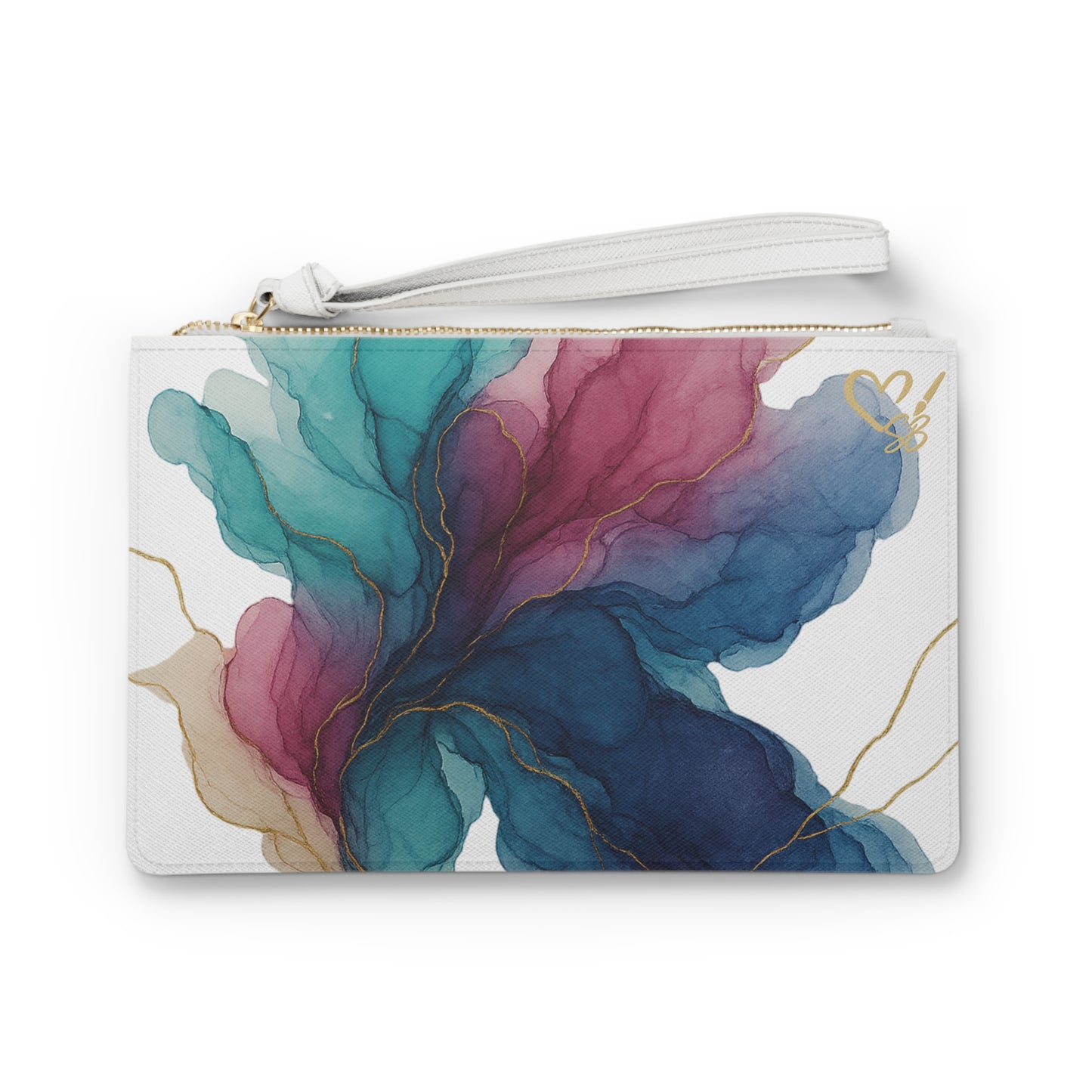 Floral Ink Clutch Bag — Abstract Teal & Magenta Watercolor Wristlet with Gold Veins