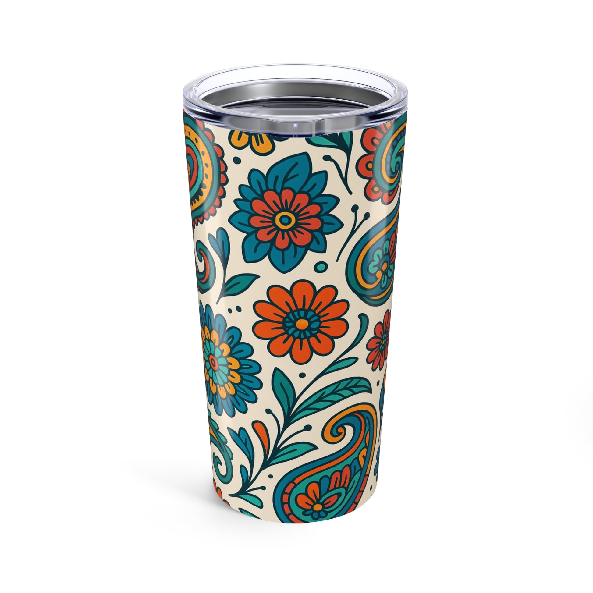 Tumbler with colorful floral design on a white background