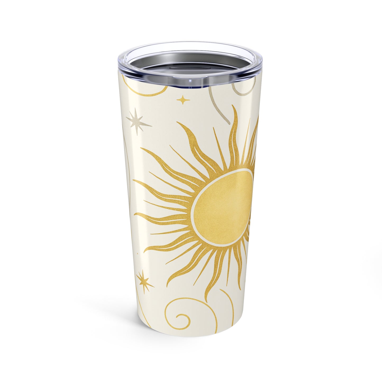 Tumbler with a gold sun design on a white background