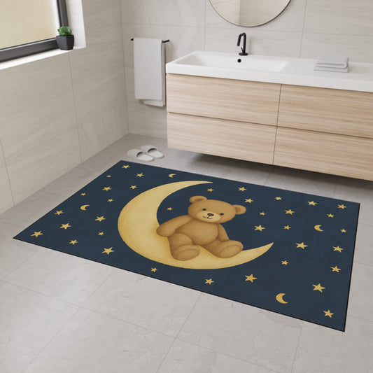 “Celestial nursery play mat with teddy on golden crescent moon surrounded by stars – To the Moon Collection.”

“Starfield heavy-duty floor rug with warm gold moons and stars on deep charcoal – Soulful Brush Studios.”