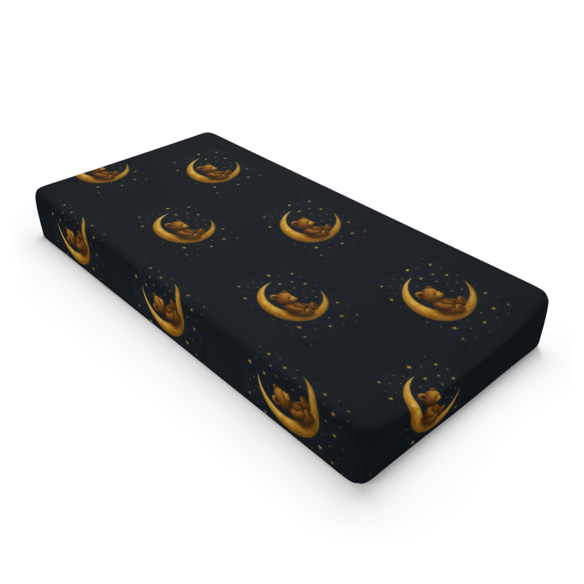 “Baby changing pad cover with gold crescent moon and navy background — To the Moon 3 Celestial Dreams Nursery Bedding.”