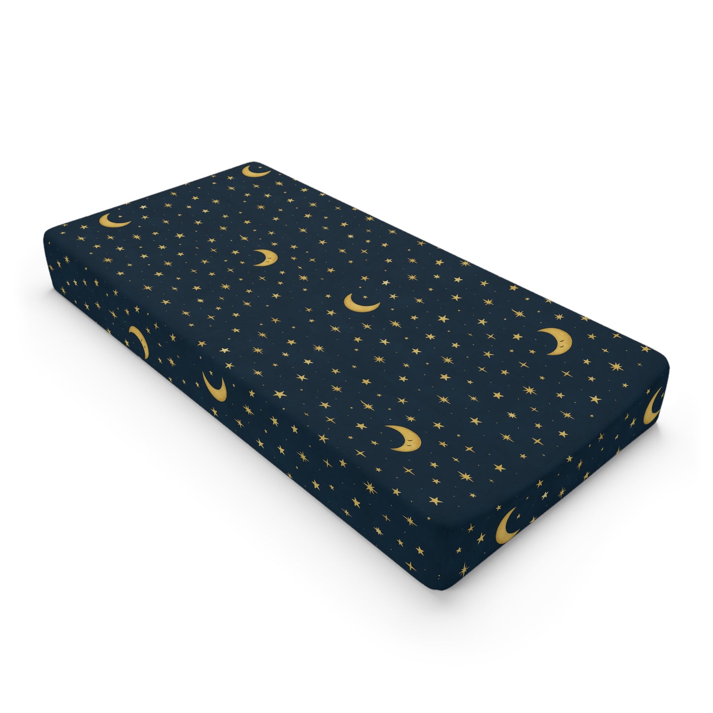“Baby changing pad cover with navy sky and golden stars — To the Moon Celestial Dreams Nursery Bedding.”