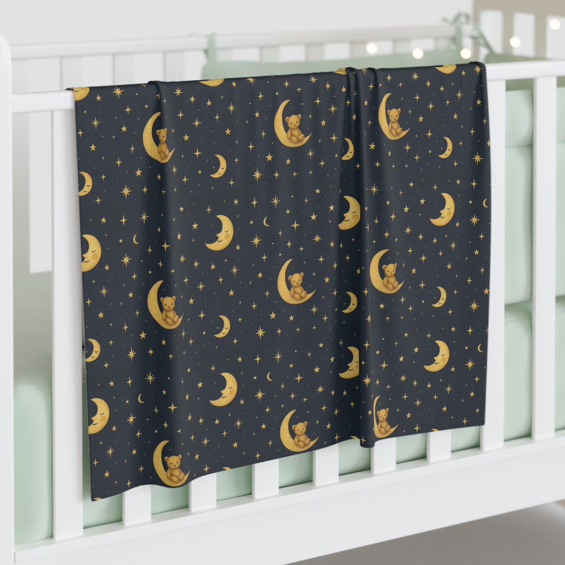 “Celestial baby swaddle blanket with golden stars on deep navy night sky — To the Moon Collection.”