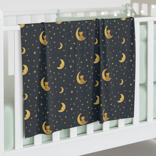 “Celestial baby swaddle blanket with golden stars on deep navy night sky — To the Moon Collection.”