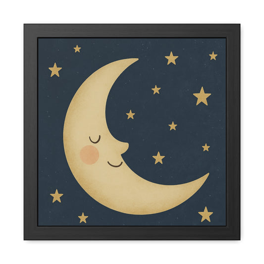 “Framed wall art of a golden blushing moon surrounded by stars — Celestial Dreams nursery collection.”

“Sleeping crescent moon with warm gold tones and navy sky background — To the Moon & Stars wall art.”