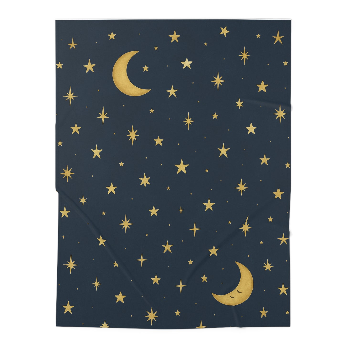 “Baby swaddle blanket with crescent moon and gold stars — To the Moon 3 Celestial Dreams Collection.”